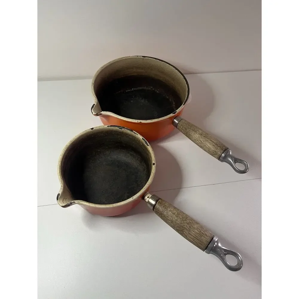 Lot of 4 Vintage LE CREUSET Pots Pans Flame Orange Wood Handle With 2 Lids USED